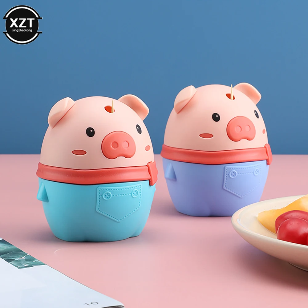 Portable Cartoon Pig Toothpick Holder Family Living Room Fashion Automatic Pop-up Toothpick Box Press Toothpick Storage Bucket