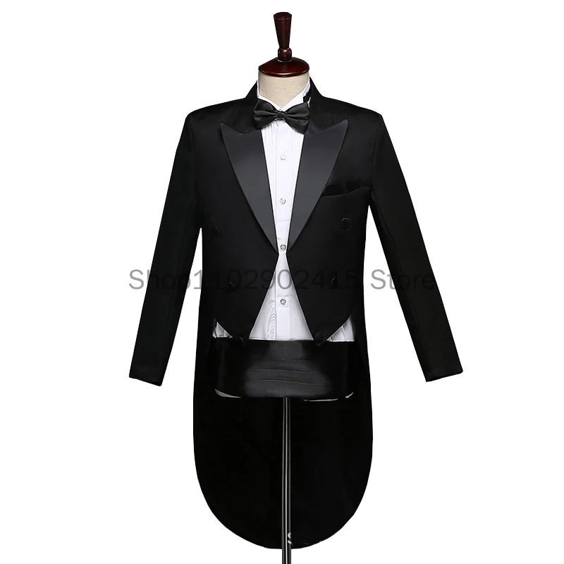 Men's Classic Black Shiny Lapel Tail Coat Tuxedo Wedding Groom Stage Singer 2-Piece Suits Dress Coat Tails Party Show Tailcoats