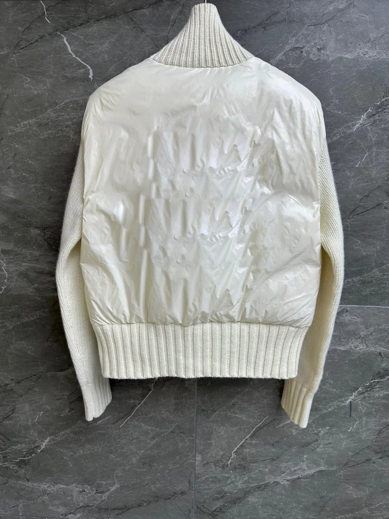 Novo outono inverno branco ganso para baixo casaco feminino gola alta lã malha manga longa retalhos moda design curto jaqueta quente