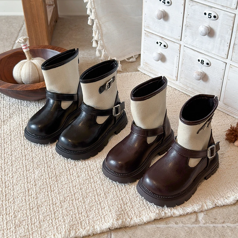 Girls Mid‑Calf Boots Non‑Slip Thick Sole Kids Fashion Leather Boots Retro Style Children Princess Boots 2026 Autumn Winter New