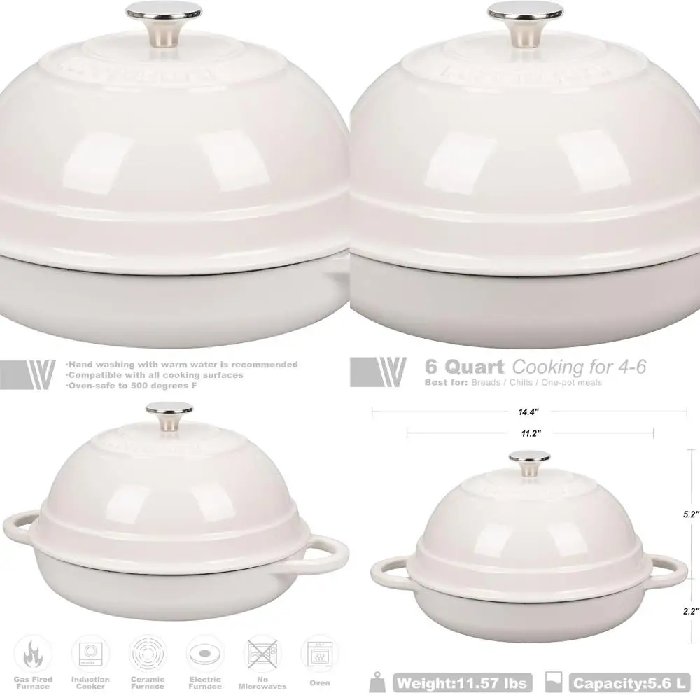 

6-Quart White Enamel Dutch Oven Pot with Lid for Bread Baking and Bread Oven Use