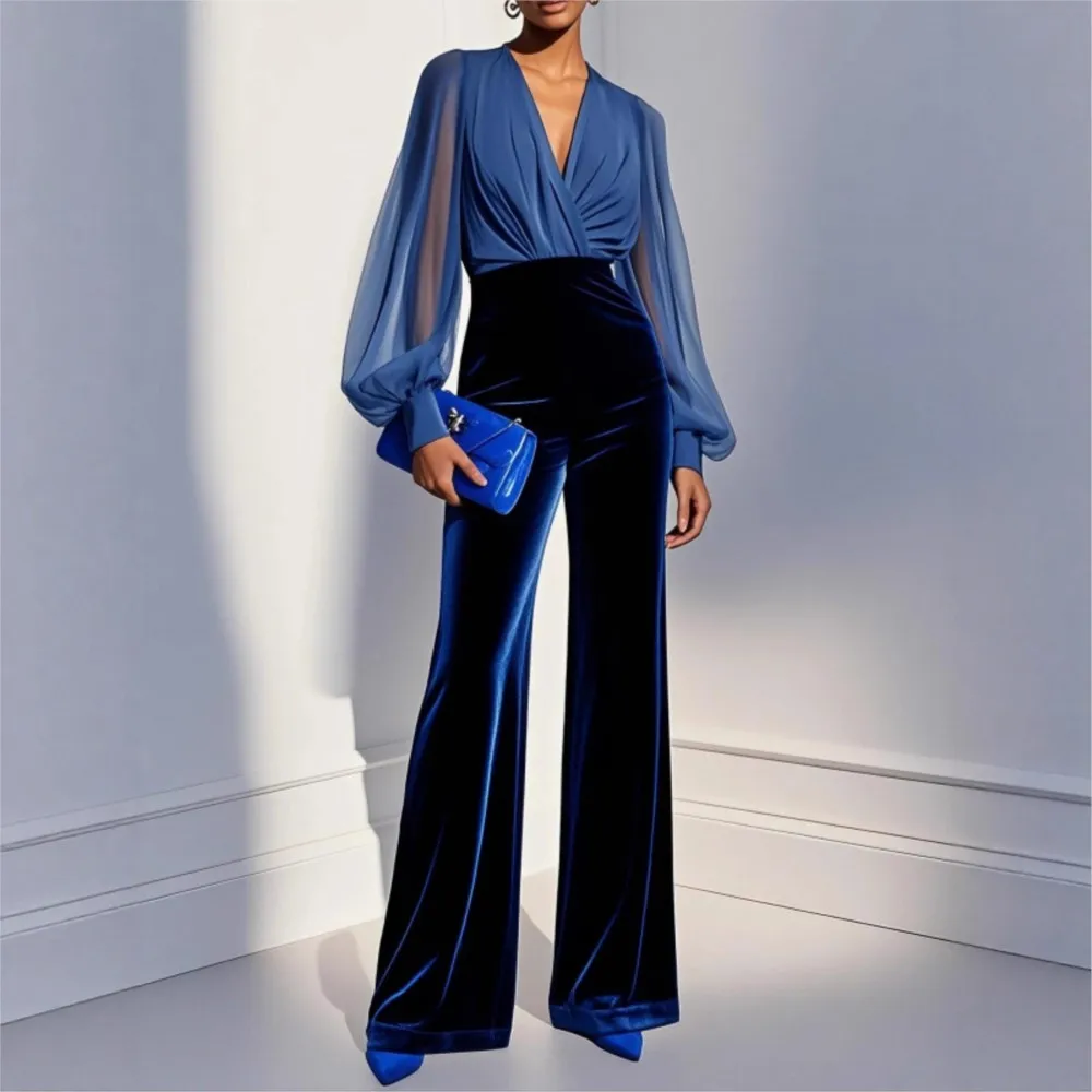 Sexy Deep V-neck Cross Long-sleeved Chiffon Shirt  Women Autumn New Fashion Velvet Stitching Slim Elegant Female Office Jumpsuit