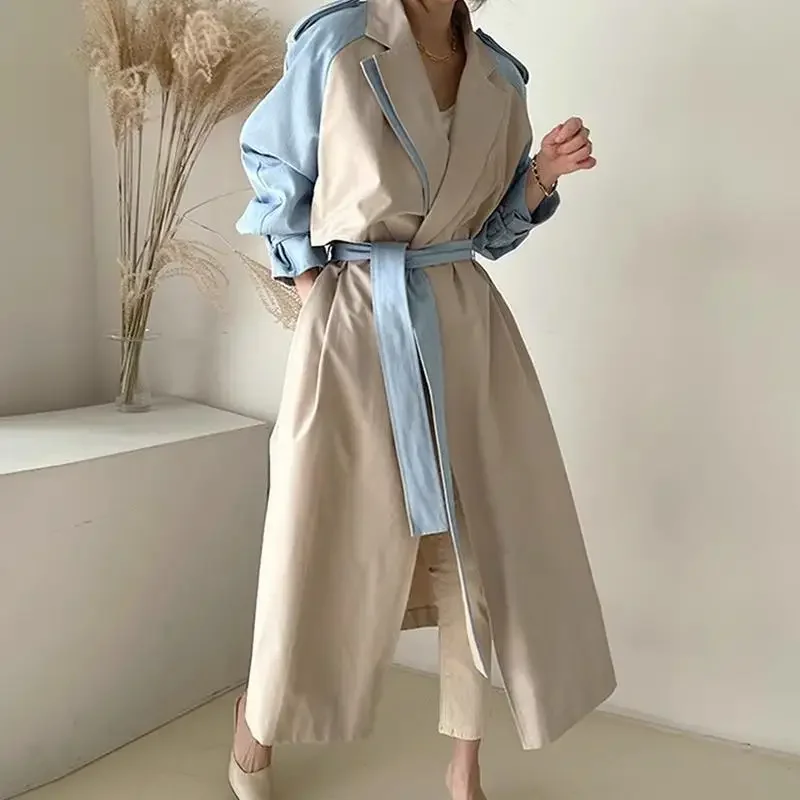 ChicAutumn Korean-Style Long Jacket For Women With Sensibility Blocking Color Waist-Fitted Vintage Lapel Design