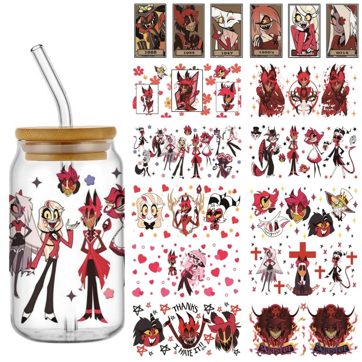 جديد فندق Hazbin نمط Uv Dtf كأس التفاف نقل ملصقات ثلاثية الأبعاد تسميات شعار ل 16 أوقية بهلوان الزجاج يمكن ذاتية اللصق مقاوم للماء