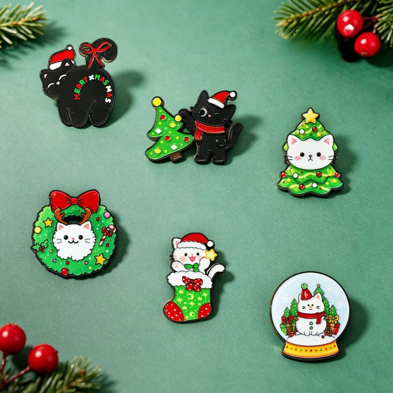 New Fashion Exquisite Christmas Brooch Cartoon Cute Cat School Bag Holiday Badge Decoration Pin DIY