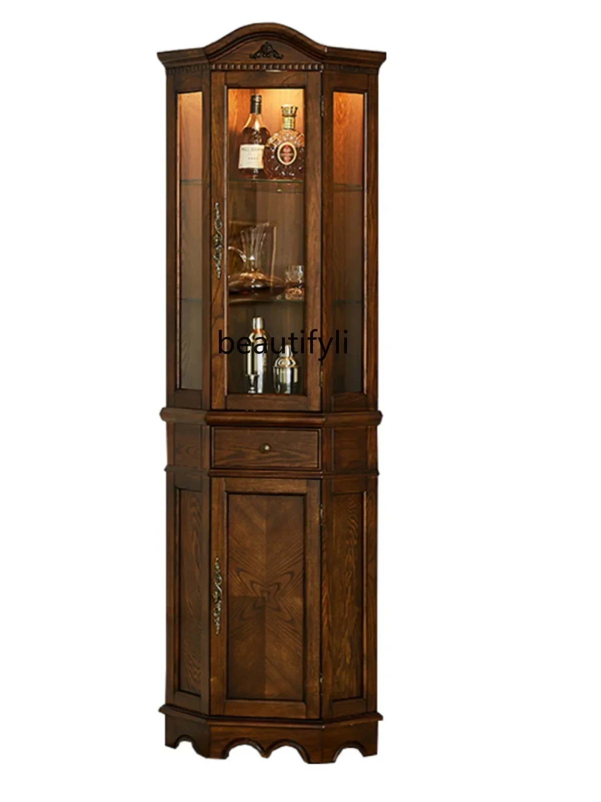 K185 American-Style Solid Wood Living Room with Lights  Corner Dining Room Glass Cabinet Wine Cabinet Triangle Storage Cabinet