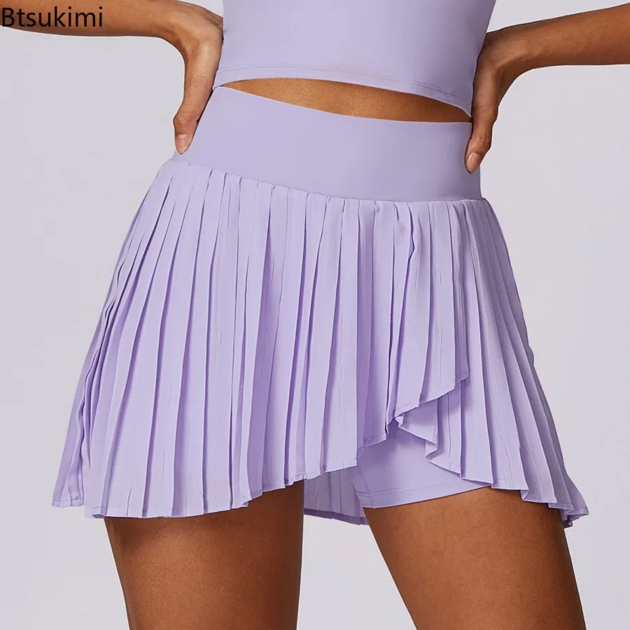 New Women High Waist A- Line Mini Skirt Fitness Sporty Pleated Design Pockets Prevents Glare Yoga Short Skirt Fake Two-Piece Set