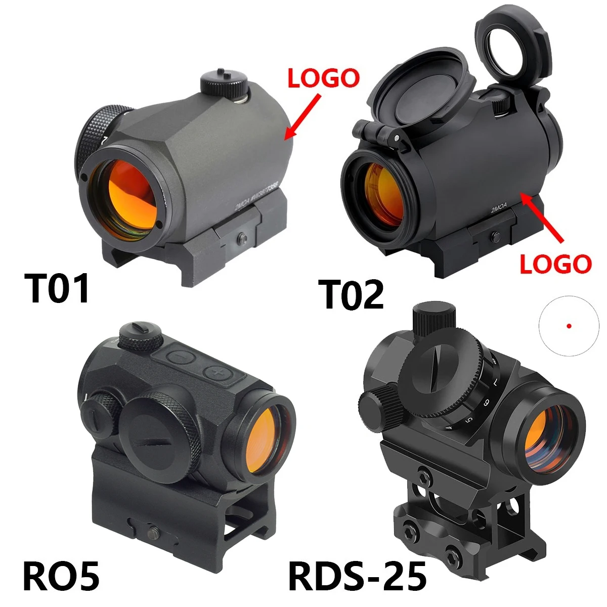 T01 T02 RO5 RDS-25 ريد دوت البصر 1X20 2MOA المجسم الصيد البصريات منعكس المدمجة 2 MOA Riflescope ل 20 مللي متر السكك الحديدية جبل