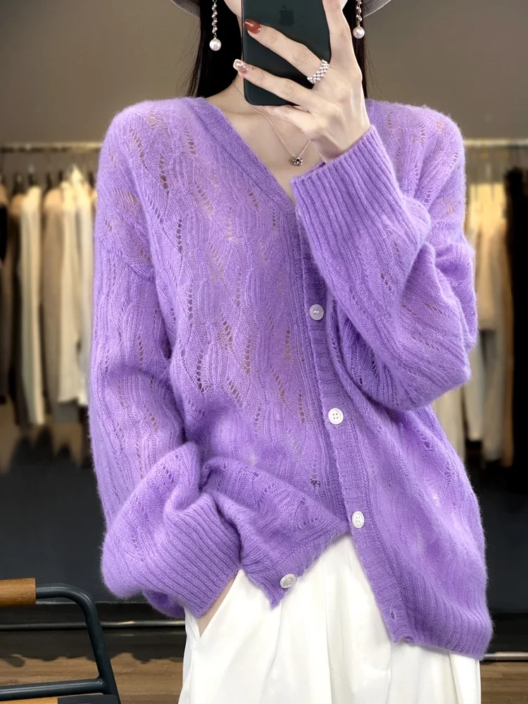 2024 Spring Summer Women Cardigan 100% Merino Wool Long Sleeve Knitted Sweater Fashion Casual Lady Coat V-Neck Loose Women Shirt