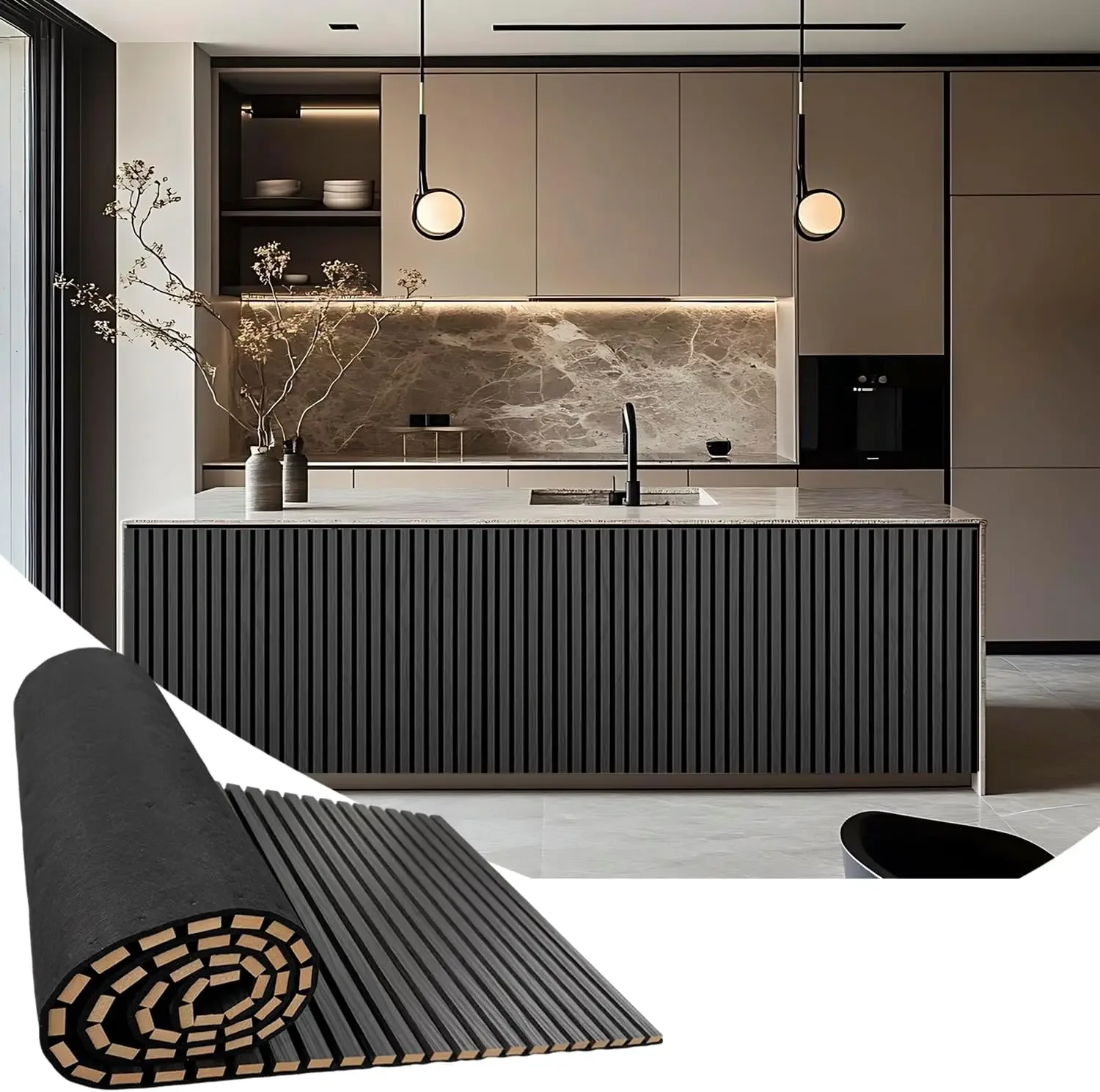 Acoustic Wood Panels for Wall,3D Flexible Fluted Sound Slat Panel,Dark Grey | Soundproof,Absorbing,Noise Cancelling,94.5 x