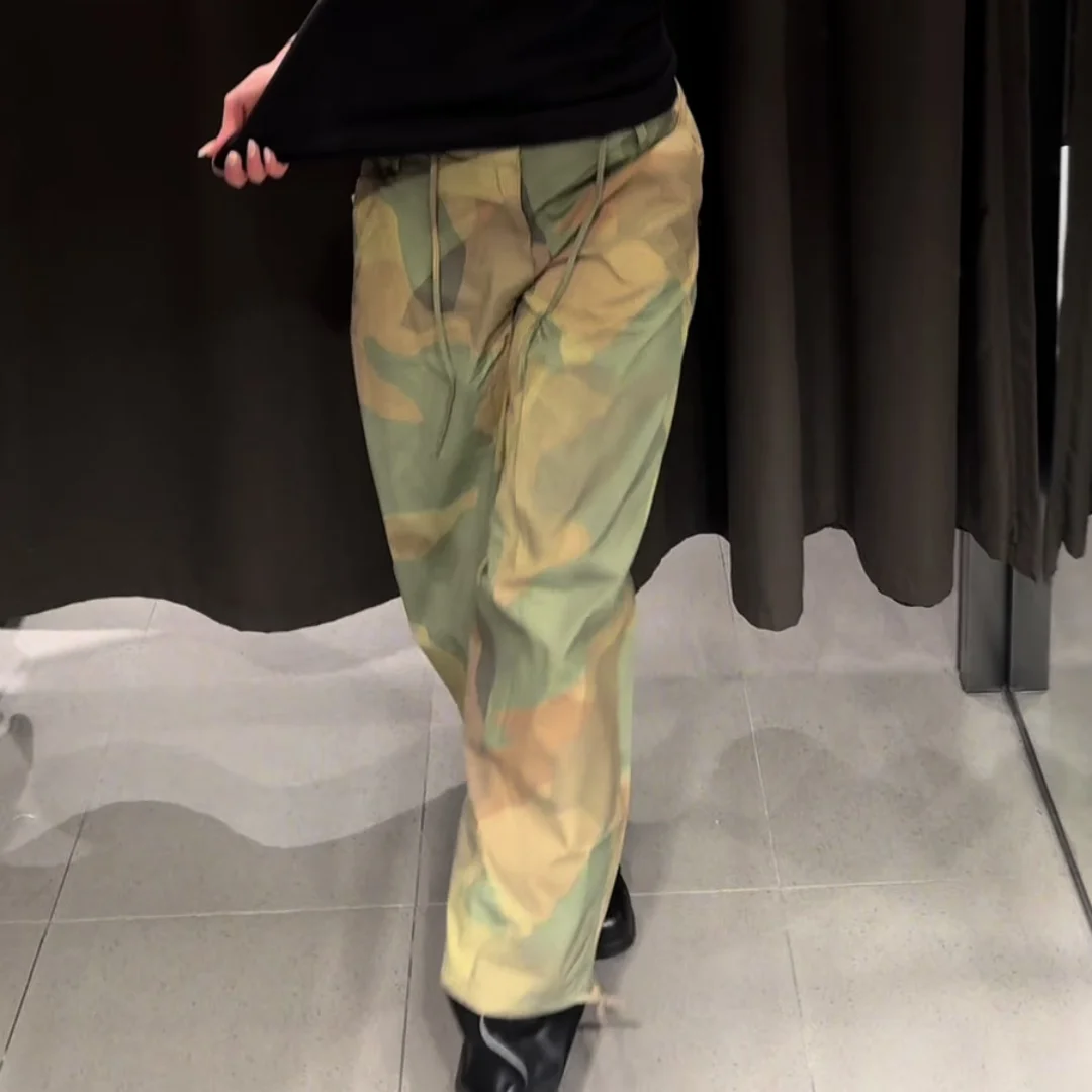 Womens Vintage Camo Wide Leg Cargo Pants Adjustable Drawstring Hem High Waist Loose Trousers Casual Y2K Streetwear Outfits