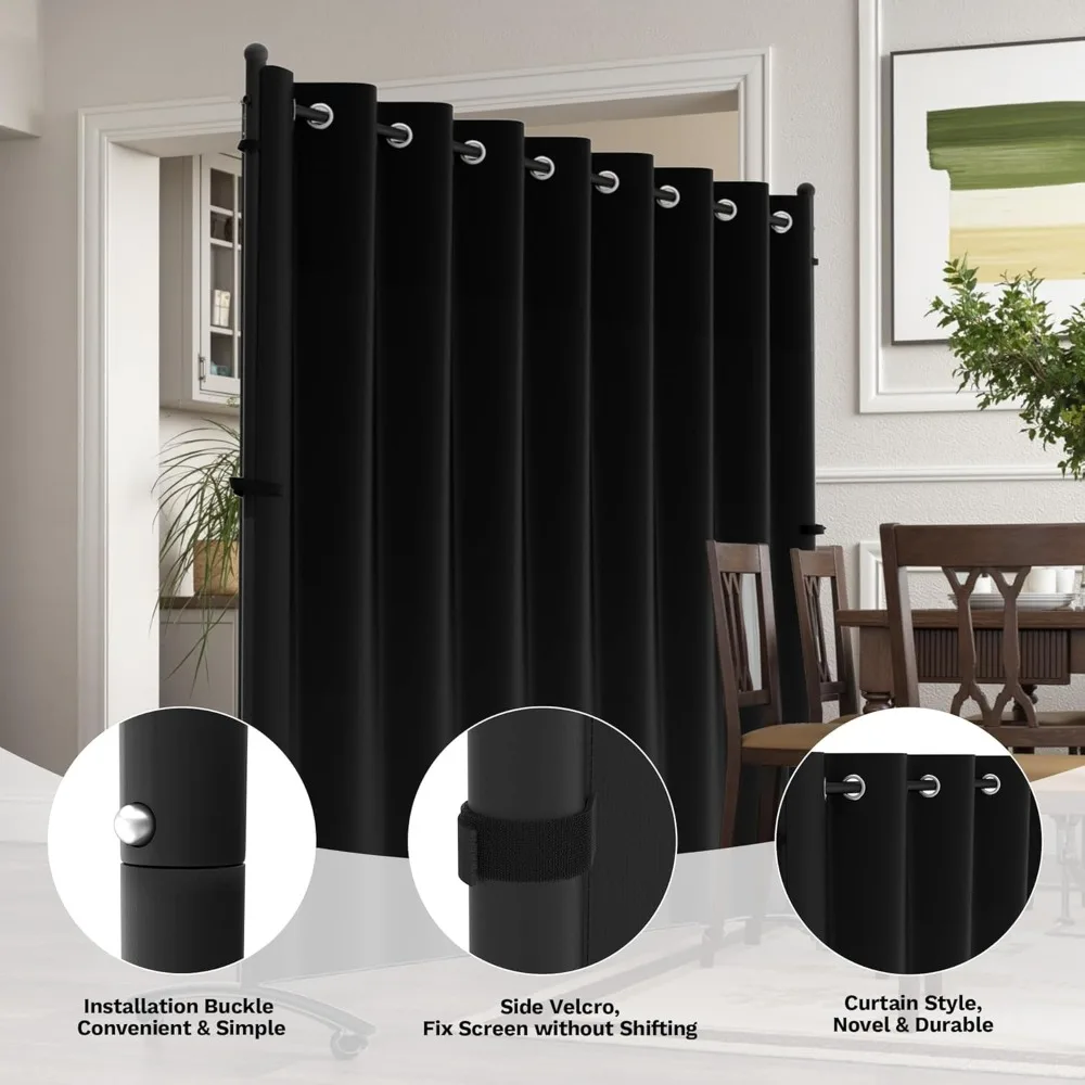 6FT Portable Room Divider with 360° Lockable Wheels, Curtain Privacy Screen for Bedroom Office Partition