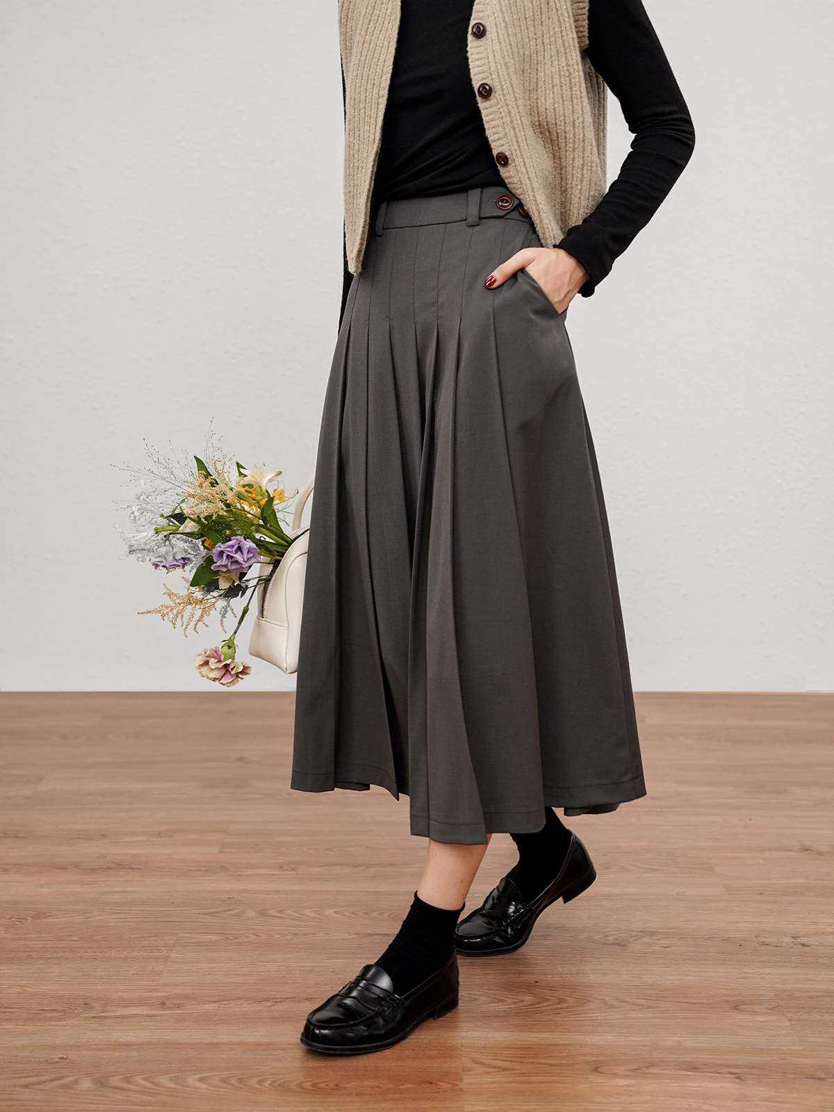 

Botanique Vintage Literary Double-Sided Wear Fine Wool Pleated f Skirt Spring Loose A-Line Skirt Casual mid Waist Design