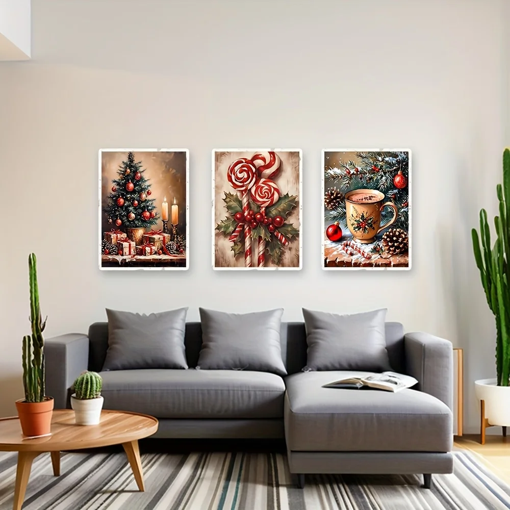 3pcs frameless Canvas Painting 3pcs/Set Unframed Vintage Christmas Wall Art Prints Festive Christmas Tree Candy Cane & Hot Cocoa