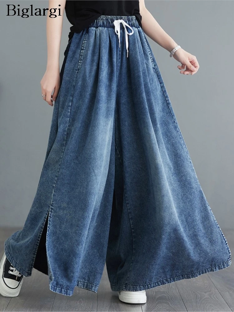 Oversized jeans lente zomer lange wijde pijpen broek vrouwen losse geplooide mode split dames broek elastische hoge taille vrouw broek