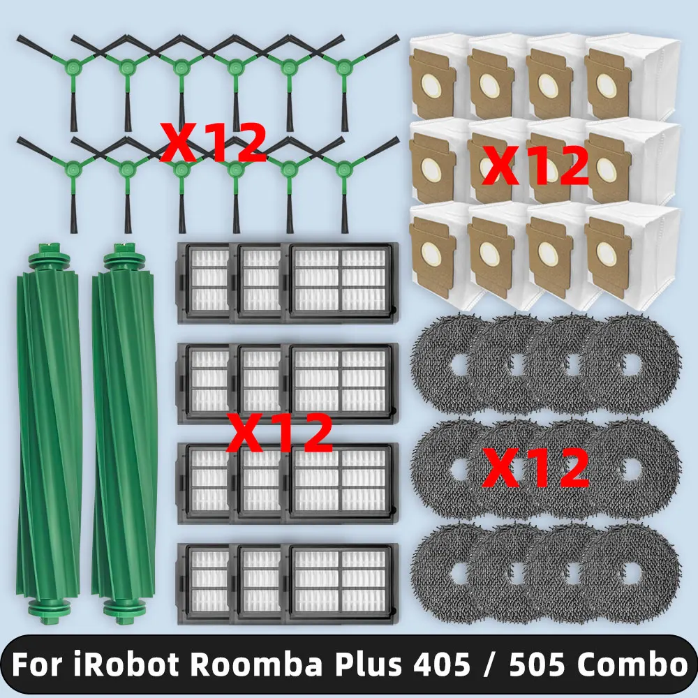 متوافق مع ( iRobot Roomba Plus 405 / 505 Combo ) إكسسوارات قطع غيار أطقم فرشاة جانبية رئيسية فلتر Hepa وسادة ممسحة كيس لجميع الغبار