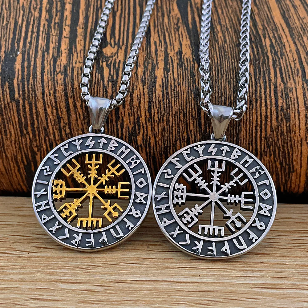 Classic Norse Vegvisir Viking Compass Necklaces Stainless Steel Men Amulet 24 Runes Odin Viking Pendant Chain Male Jewelry Gift