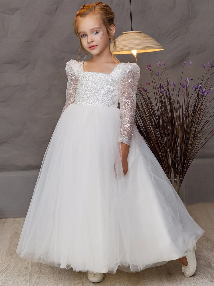 

White Tulle Flower Girl Dress For Wedding Shining Puffy Sequin With Bow Princess Birthday Party First Communion Ball Gown 2024