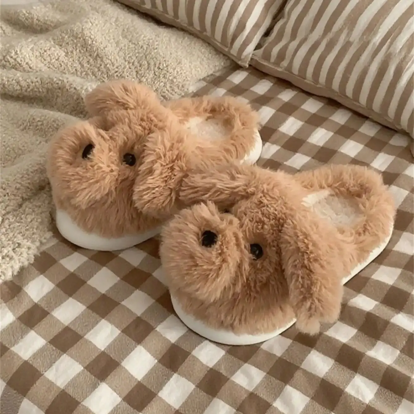 Women House Fur Slippers Casual Cute Lovely Puppy Design White Brown Winter Indoor Non-slip Warm Soft Soles Comfy Home Female view 4