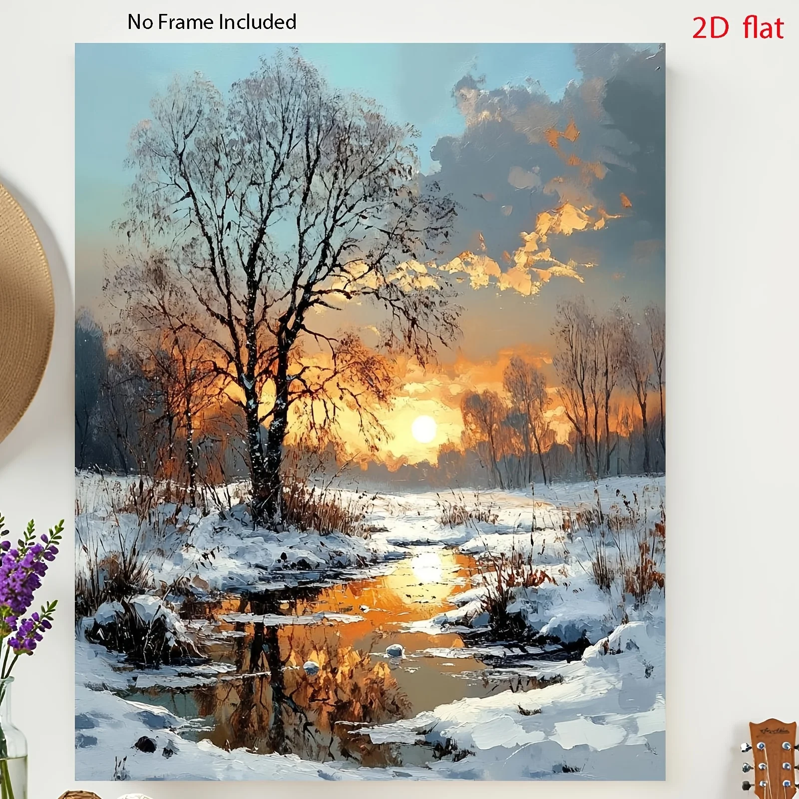 [2D Flat Frameless][Professional Art Use] 1 Set DIY Digital Oil Painting Kit for Beginners, Lone Tree and Stream in a Winter Sno