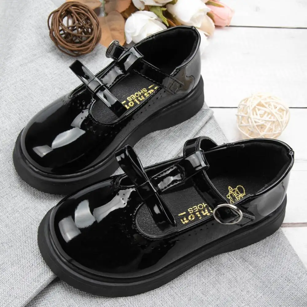 New Fashion Children\'s Shoes Simple Bow T Buckle Black Leather Shoes Classic Cute Versatile Princess Dress Shoes