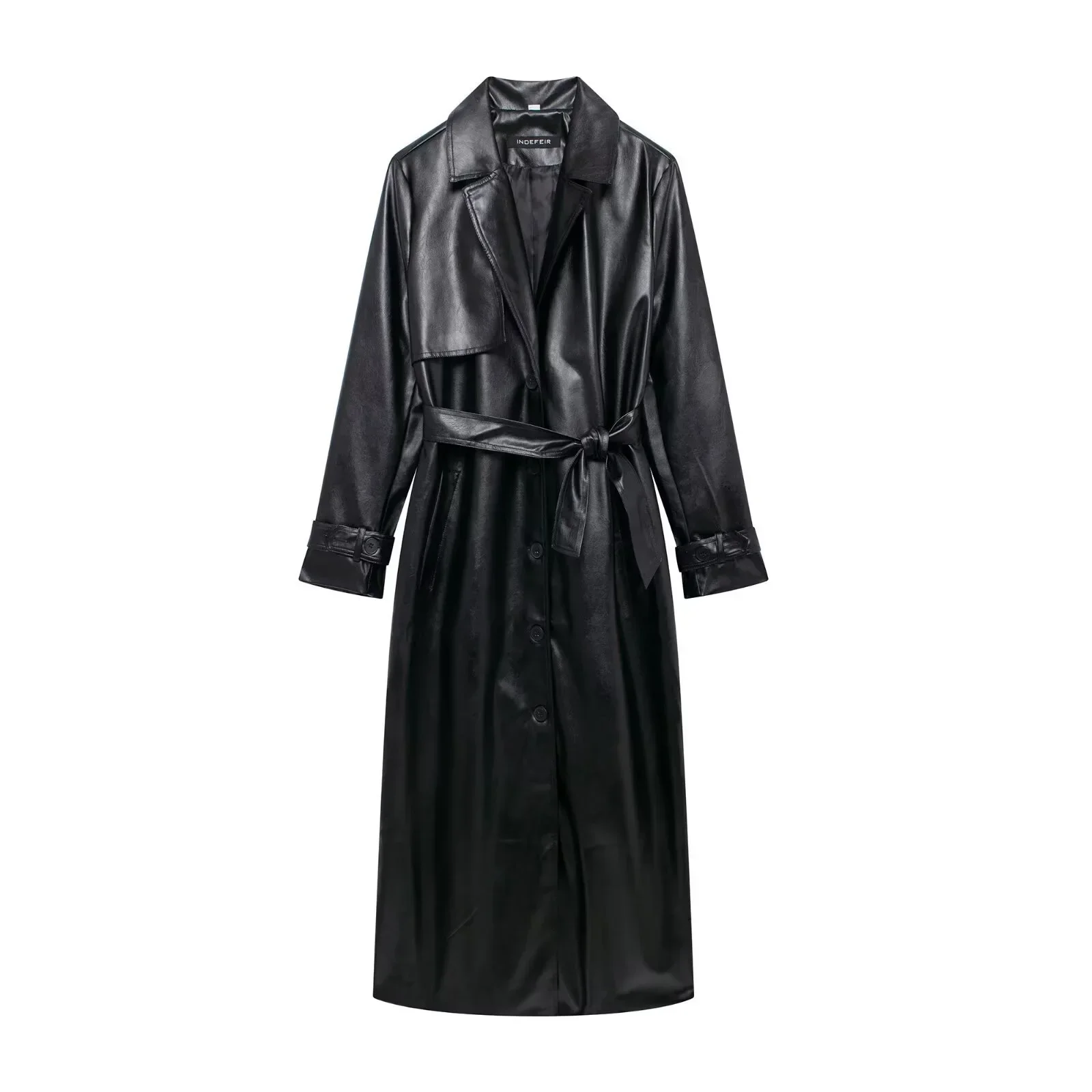 Manteau en Faux cuir pour femmes, nouvelle mode avec ceinture, Style Long, simple boutonnage, Vintage, manches longues, poches, vêtements d'extérieur, 2024