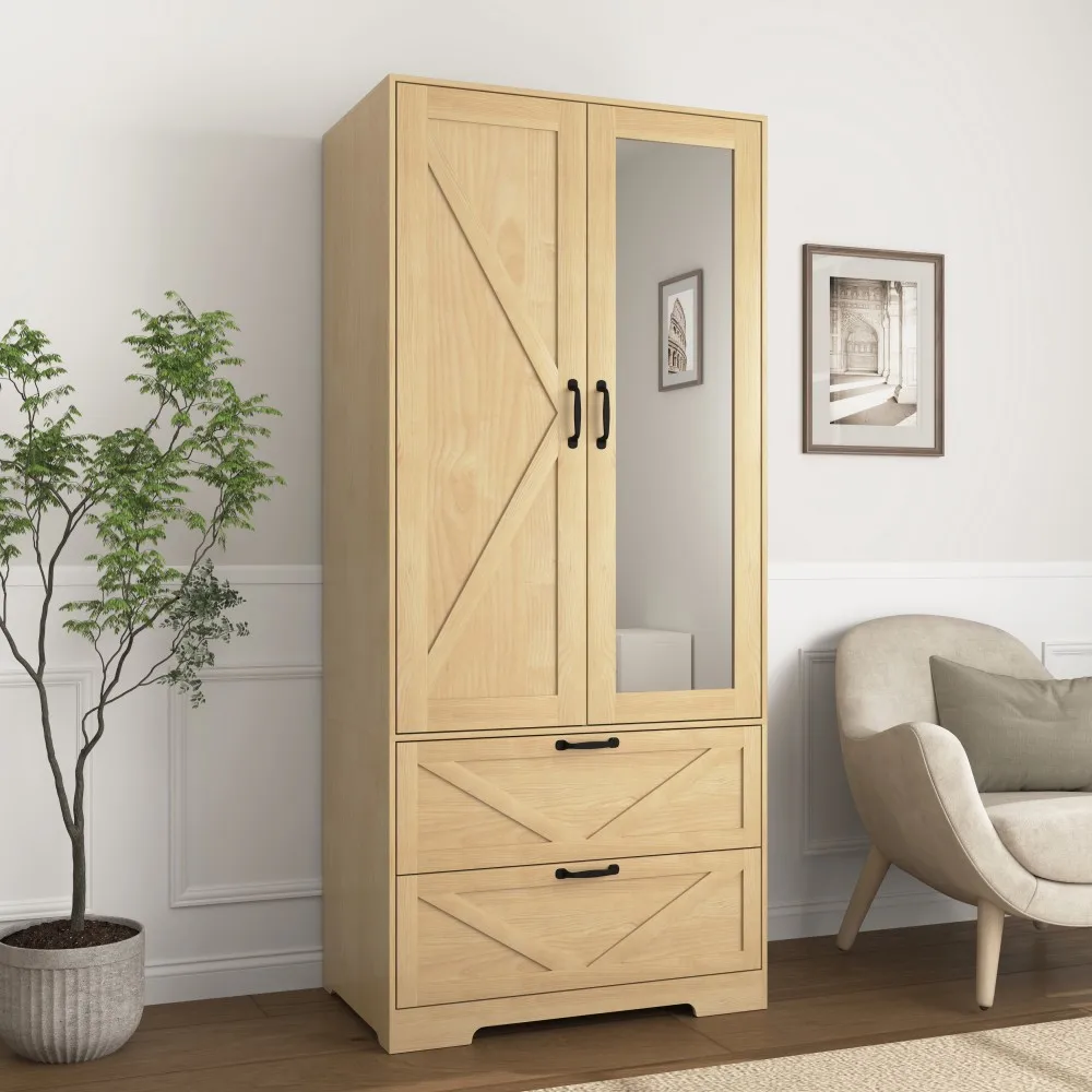 2-Door Wood Modern Apartment Wardrobe Hanging Rod Induction Light Built-in Mirror Bottom Drawers Multifunctional Bedroom Closet