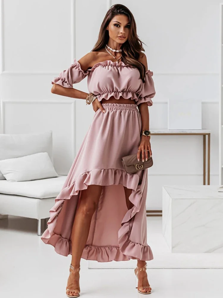 Women Two Piece Set Summer Sexy Short Sleeve Women Skirt Suit Solid Chic Off Shoulder Waist Puff Sleeve Short Top Skirt 2023