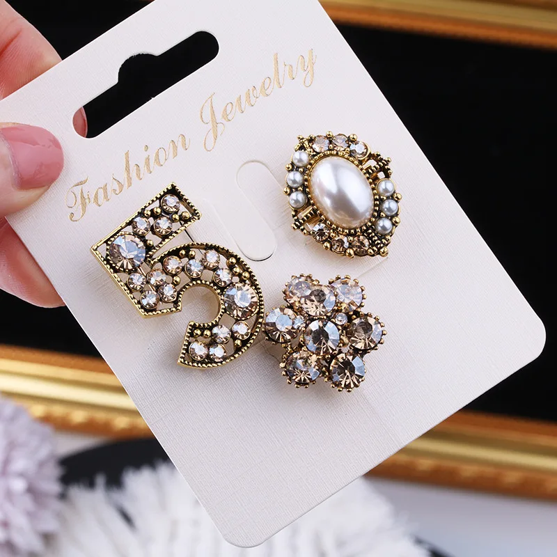 New Fashion Small Fragrance Retro Pearl Crown Brooch Pin Women Men Suit Jacket Brooches Pins 3pc/set