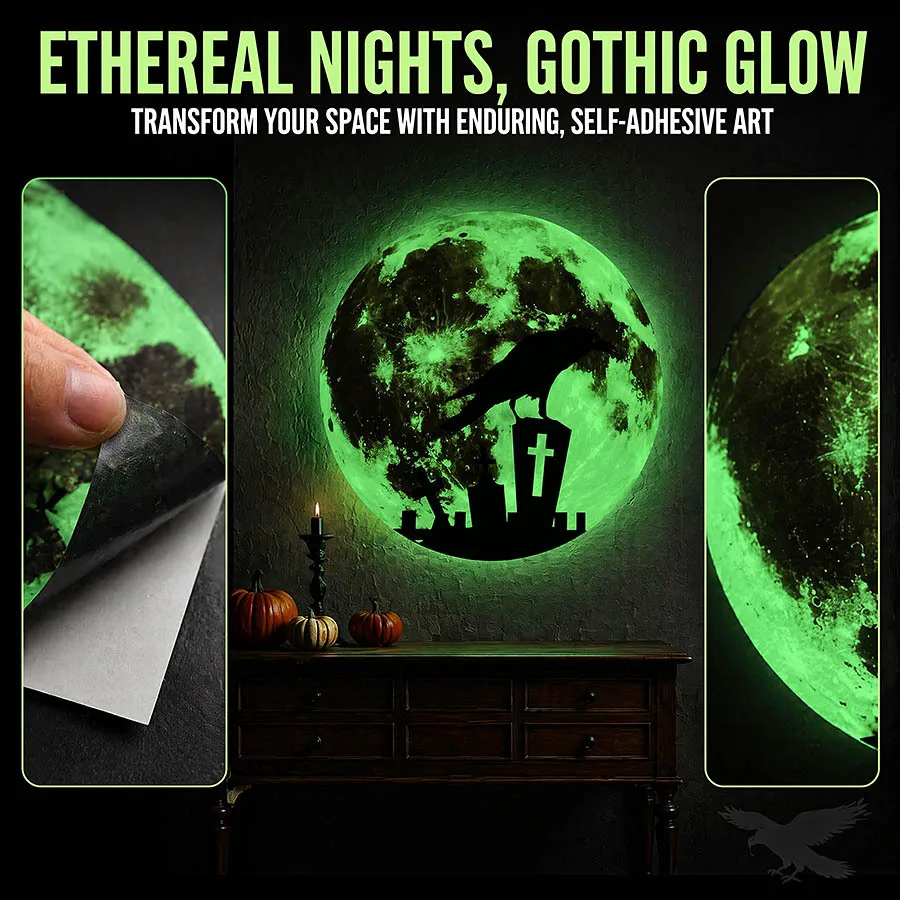 1pc Glow Green Halloween Wall Stickers, Self-Adhesive Hand Crow Reaper Sickle Moon Pumpkin Decals for Room Decor