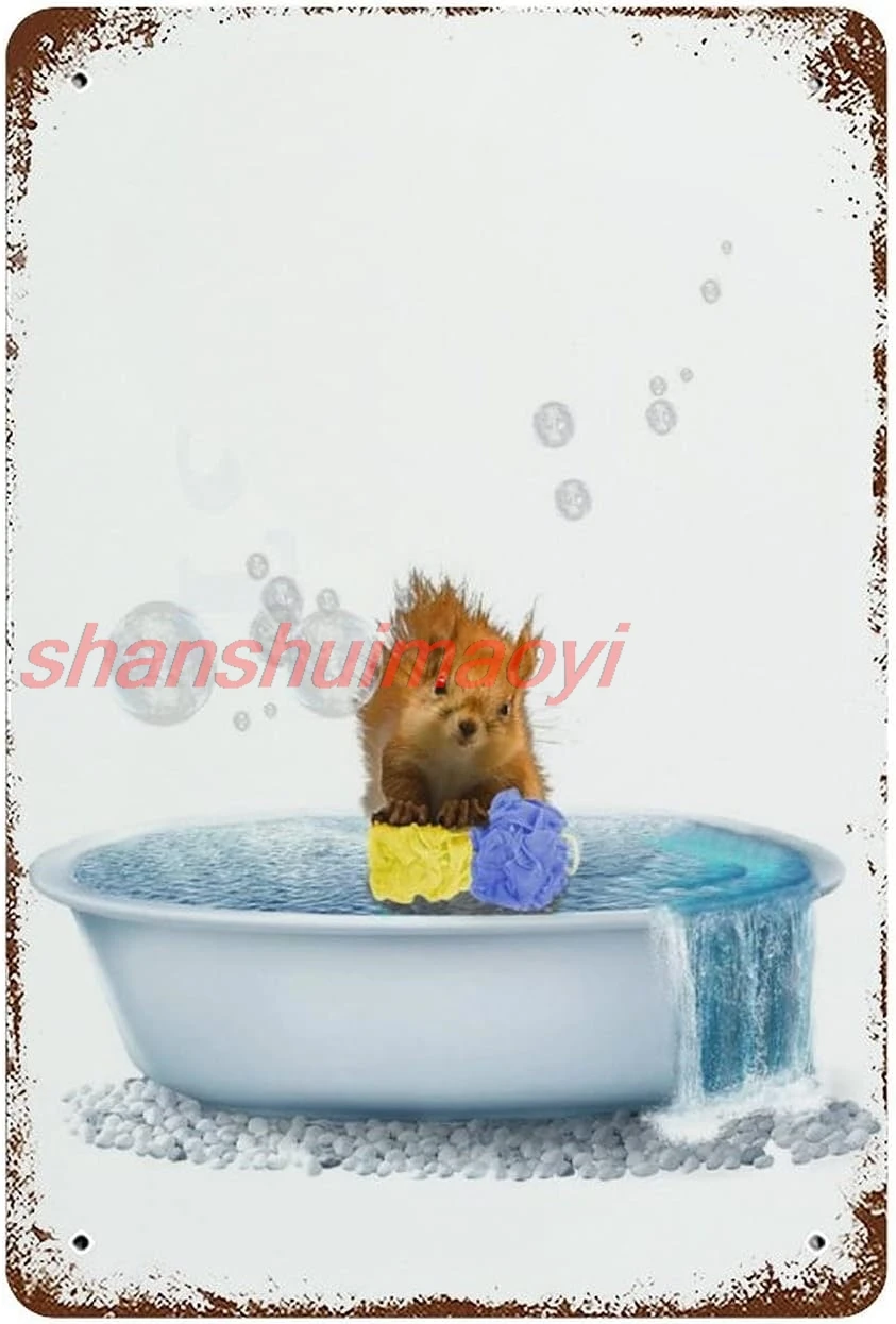 ALI Retro Tin Sign Woodland Animal Baby Bathtub Bear Nursery Owl Bathroom Wall Art Cute Squirrel Bath Metal Tin Sign Racoon