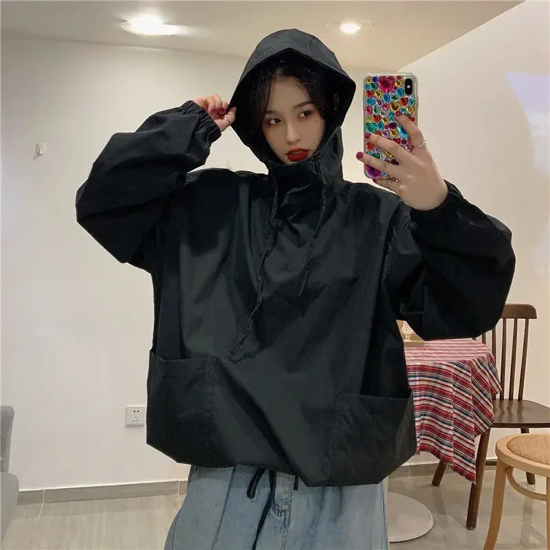 

Пальто женские с капюшоном дизайн High Street тонкие BF солнцезащитные летние японские стильные карманы женские универсальные хипстерские повседневные куртки в стиле Харадзюку