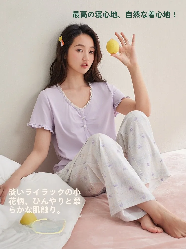 anziban-pure-cotton-short-sleeve-long-pants-women's-sleepwear-set-feeling-home-clothes-v-neck-comfortable-breathable