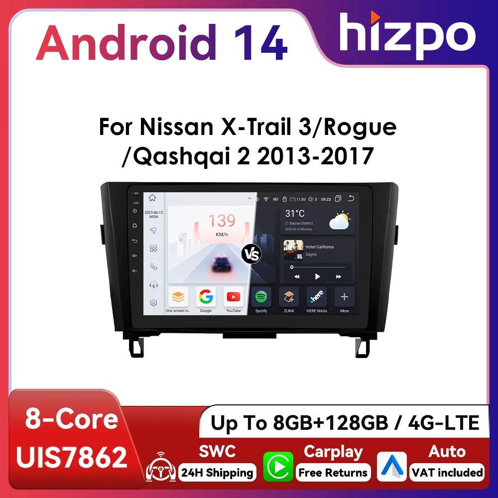 10.1 " Hizpo Android13 autoradio pour Nissan Qashqai x-trail 3 T32 2013 - 2017 Navigation GPS RDS DSP 4G BT Android Auto CarPlay