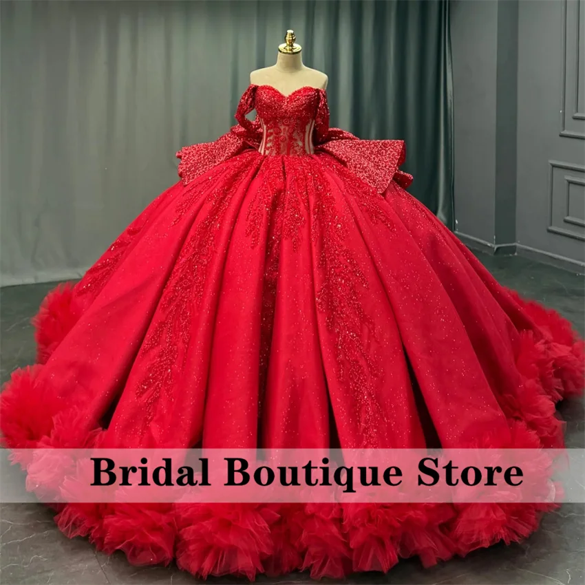 Robe de Quinceanera rouge avec nœud en cœur, robe de bal avec des appliques de perles, robe de luxe pour fête d'anniversaire, à volants, personnalisée, 16 ans, 2026