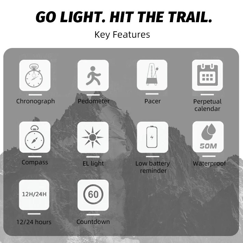 NORTH EDGE LITECORE Men's Digital Watch Women Sportswatch Super Light Compass Pedometer Waterproof 50M Electronics Wristwatch