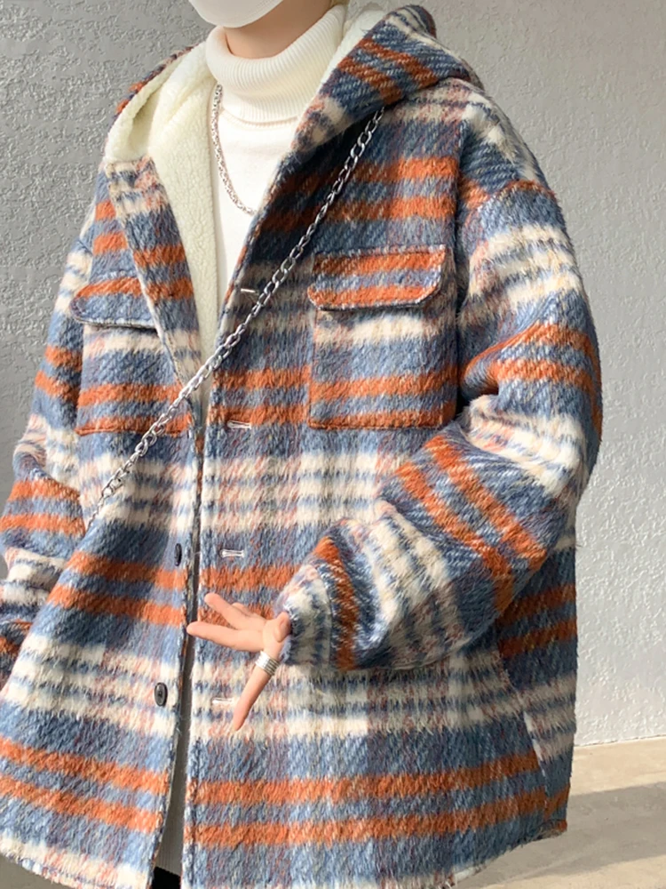 

Lamb Fur Cotton Jaet Men's Winter Thiened Plaid Youth Faion Brand Cotton Coat Warm Casual Long Sve Button Closure