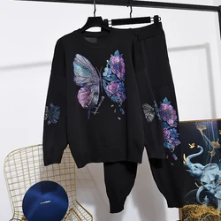 Butterfly Hot Drilling Knitted Two Piece Outfits Women Suit Loose Black Tracksuit Pullover Sweaters Pencil Pants Knit Set Female