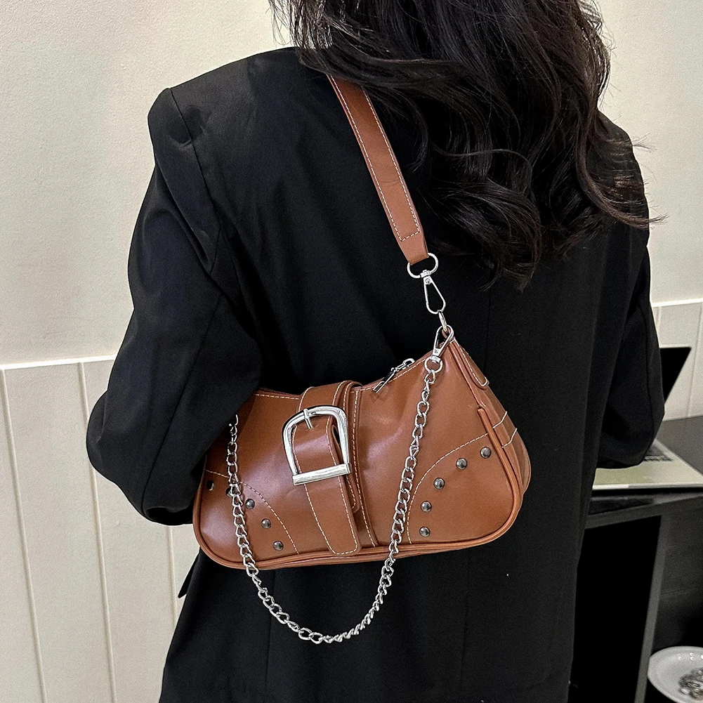 Women\'s Handbags Y2K Cool Style Chain Shoulder Bag High-quality Ladies Armpit Purses Fashion Solid Color Totes Female French Bag