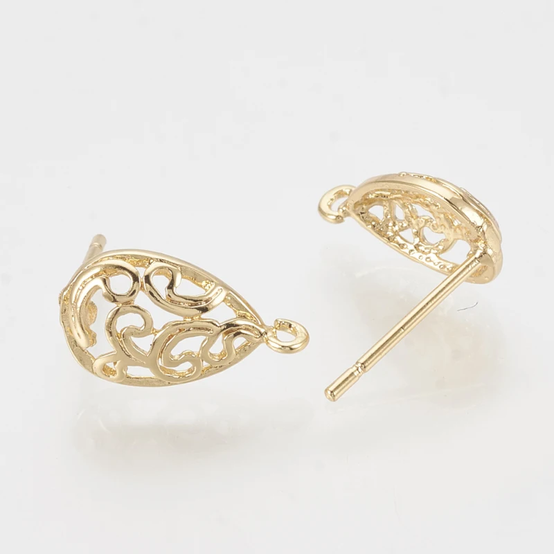 4pcs Brass Ear Stud Findings with Loop Teardrop Nickel Free Real 18K Gold Plated 13x7.5mm Hole: 1mm Pin: 0.8mm