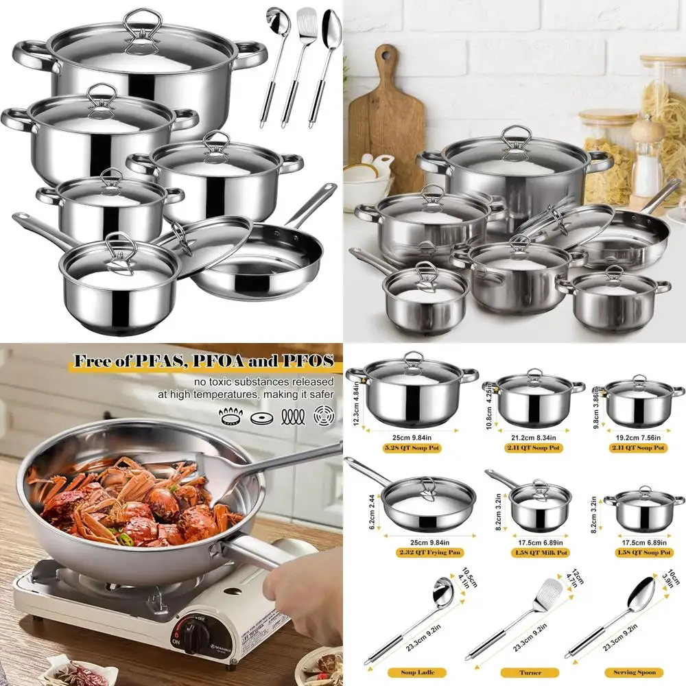 

cookware set - 15 piece 3-ply base stainless steel cookware set, includes 6 pots and pans, 6 lids and 3 utensils, fixed handles,
