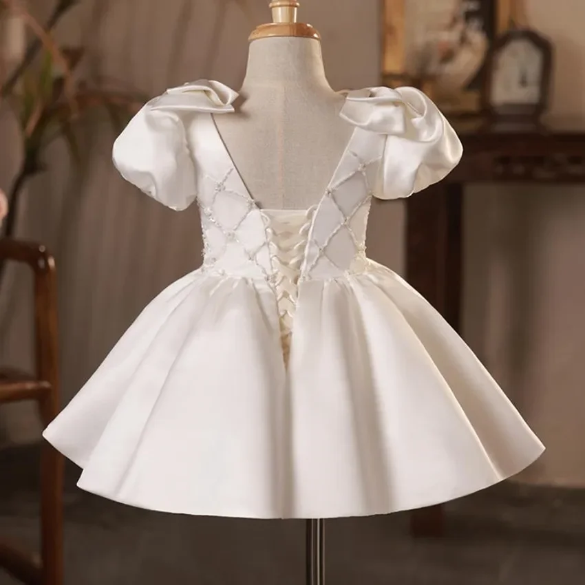 2024 New Children Boutique Lolita Princess Gown Bow Bead Backless Design Wedding Birthday Baptism Eid Party Girls Dresses A3174