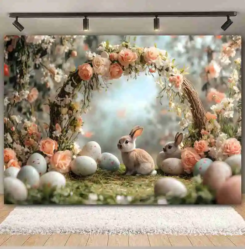 Happy Spring Easter Photography Backdrop Colorful Eggs Arch Door Flowers Garden Rabbit Child Birthday Party Background Decor