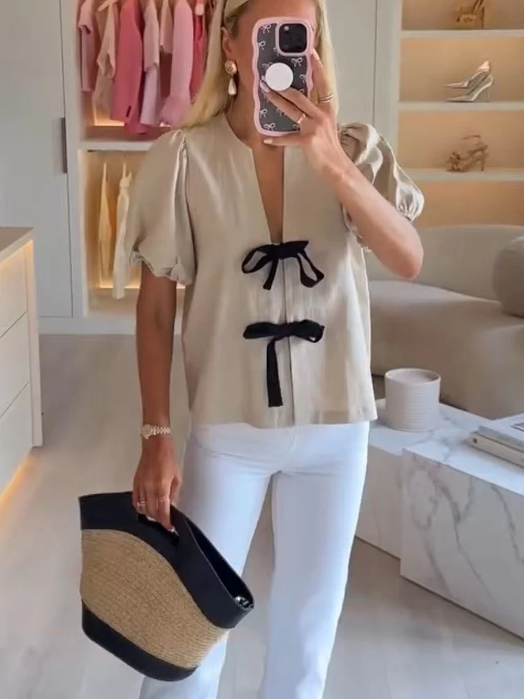 TFMLN 2025 New Women's Bow Short Sleeve Top For Fashion V-neck Stripe Fit Shirt Female Summer Chic Casual Holiday Streetwear