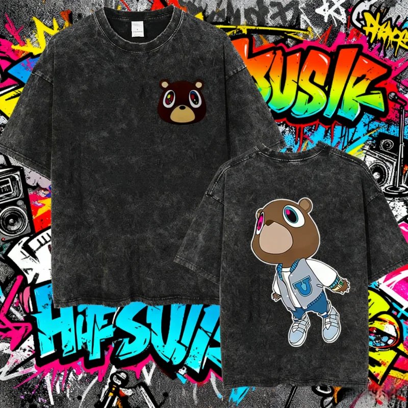 

2025 Summer Kanye West College Dropout Bea 100% Pure Cotton Printed Washed Leisure Men's Vintage Hip Hop Style Oversized Loose