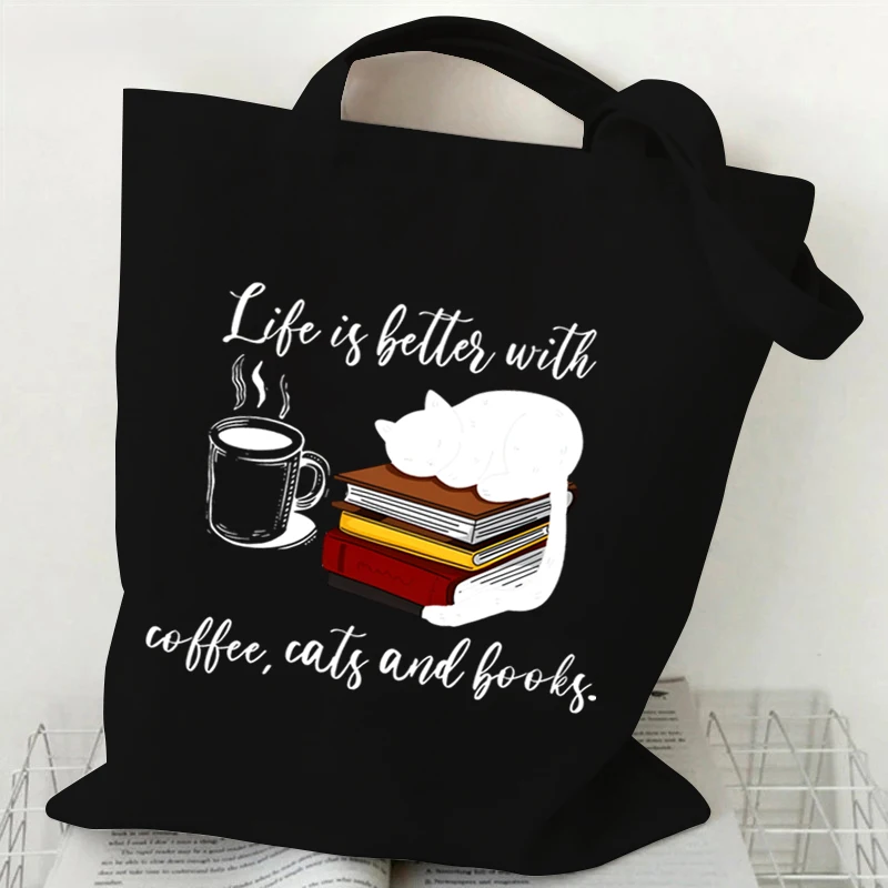 New Cats and Books Pattern Shopping Bags Women Reusable Recycle Bag Bookworm Cat Lover Canvas Shopping Bags Reading Club Handbag