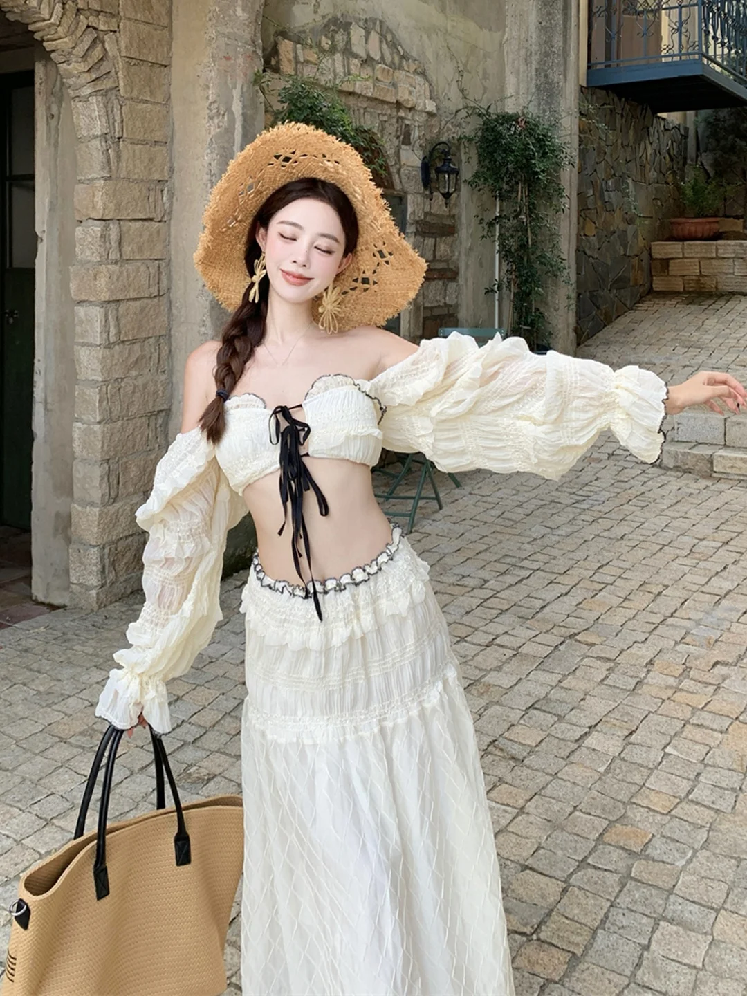 

White One-oulder Long Sve Women's Beach Vaion Sle Two-Piece Set Skirt High Waist Pure Color Summer Sexy Faion