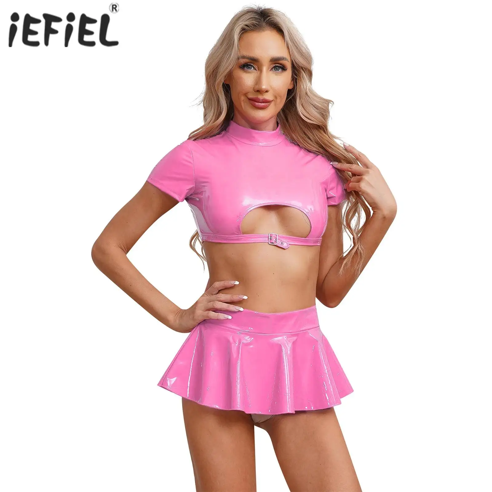 

Womens Glossy Exotic Sets Patent Leather Clubwear Cutout Back Zipper Crop Top with A-Line Flared Skirt Party Pole Dancing Outfit