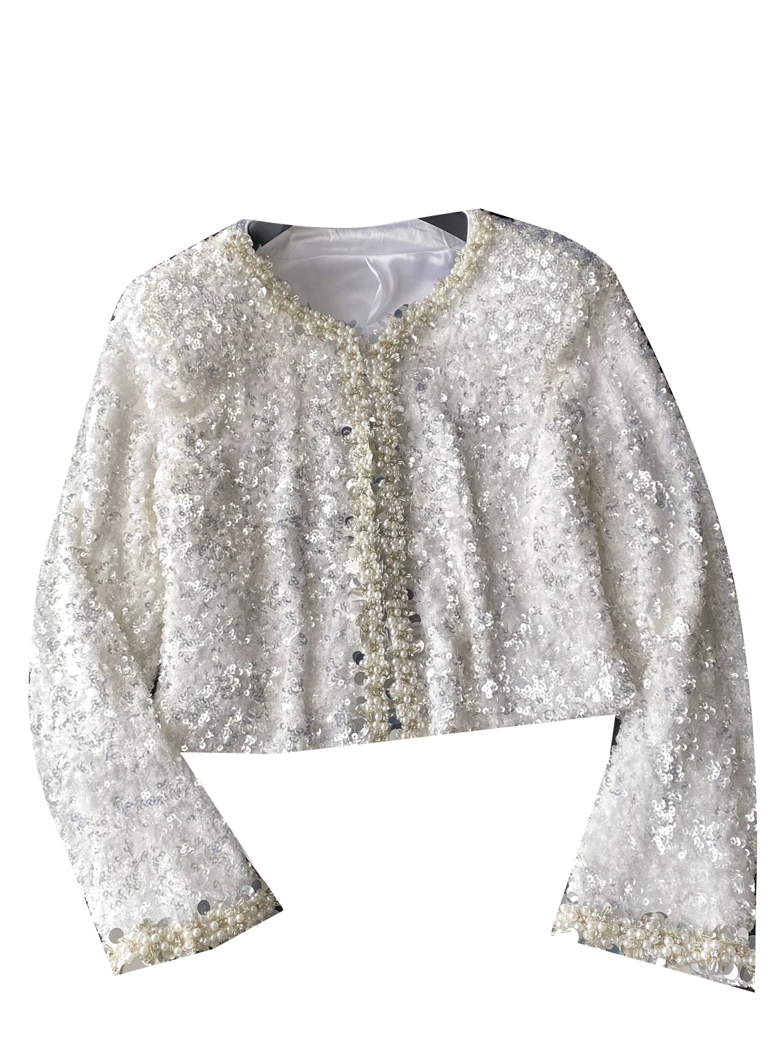 

iny Sequin ort Jaet Women's Faionable Heavy Embelliment Outerwear Luxury Sensation Pearl Button Long Sve Coat