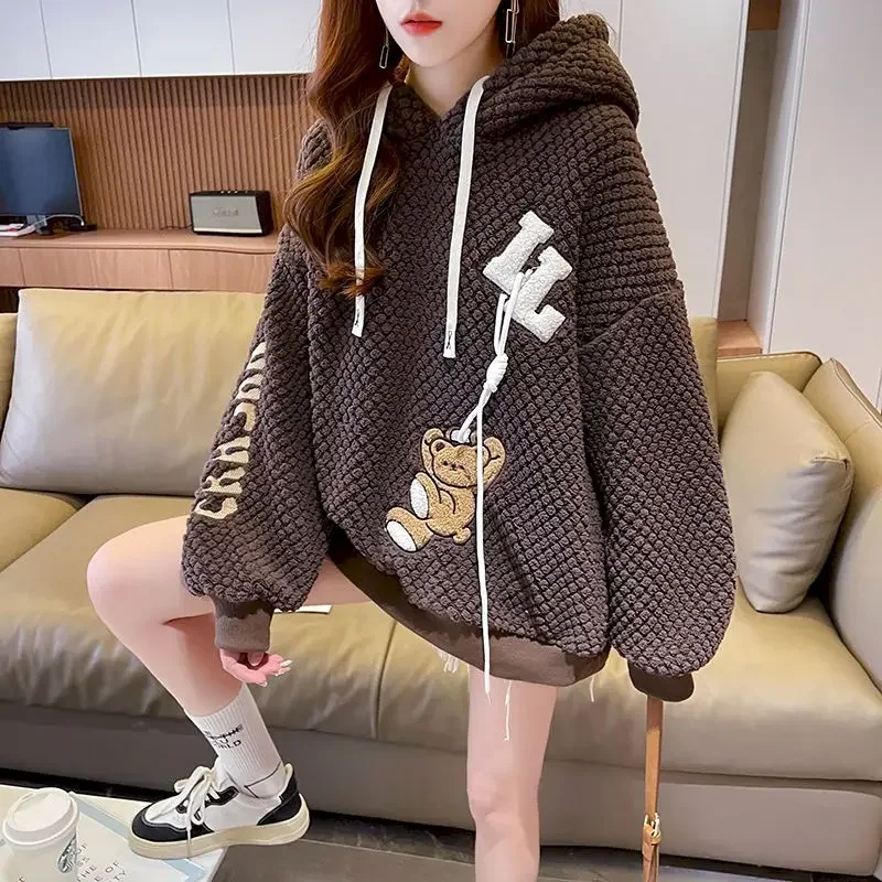 Lamb wool hooded women coats fashion cute design hoodies autumn winter trendy plush thicken bear hoodie Korean loose y2k clothes